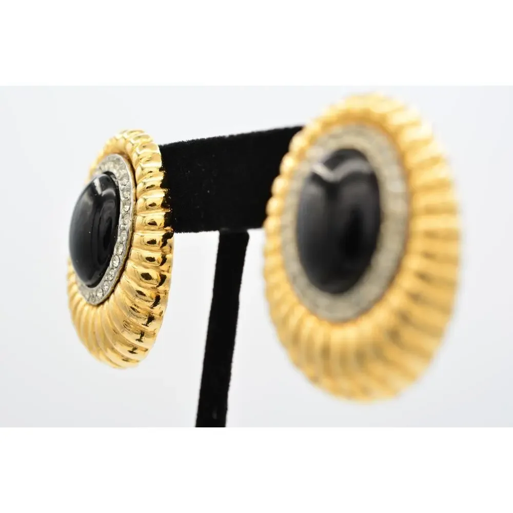 Vintage Black Cabochon Clip On Earrings Rhinestone Crystal Gold Chunky 80s BinAF